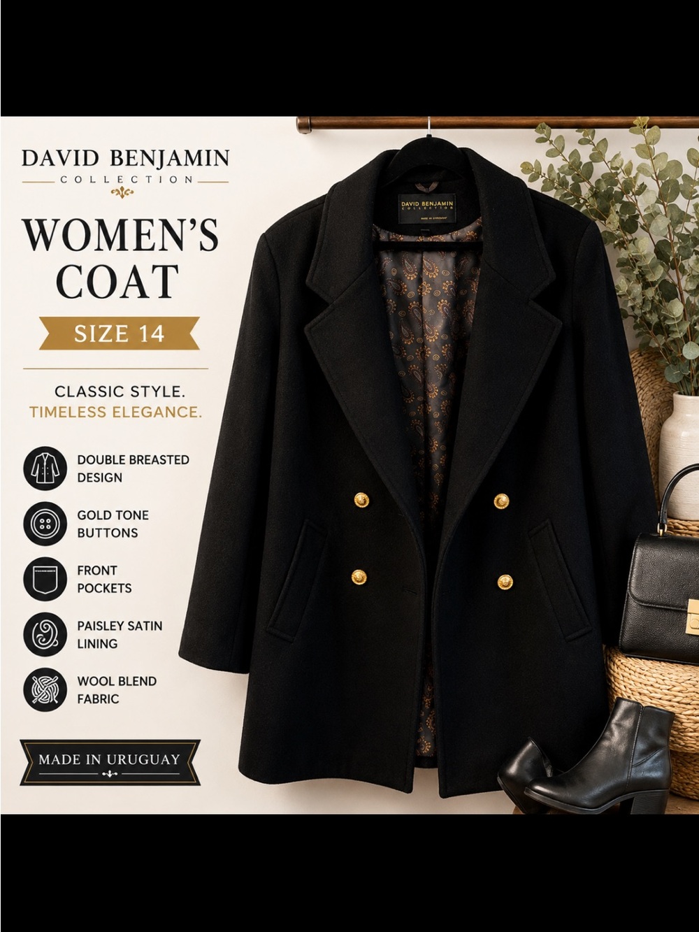 David Benjamin Women's Double-Breasted Black Coat with Gold Buttons
